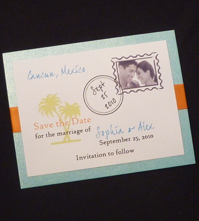 Invitation SavetheDate7: Turquoise Pearl, Cream Smooth, Burnt Orange Ribbon