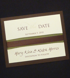 Invitation SavetheDate8: Chocolate Linen, Cream Smooth, Sage Ribbon, Brown Ribbon