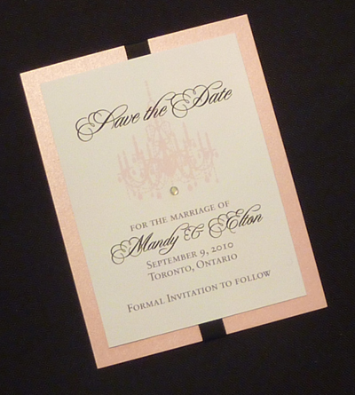 Invitation SavetheDate9: Pink Pearl, White Smooth, Black Ribbon