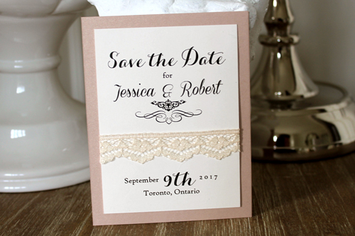 Invitation SavetheDate14: Blush Pearl, Cream Smooth, Cream - Thin Lace - This is a layered save the date invite with a blush pearl backing.  There is a thin cream lace around the card.