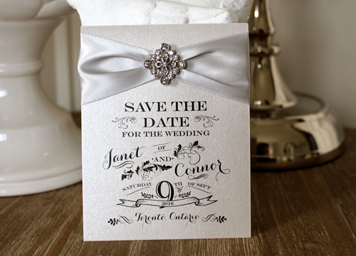 Invitation SavetheDate15: Silver Ore, Silver Ribbon - This is a single card save the date invite.  There is a 1.5 inch silver ribbon and small brooch.