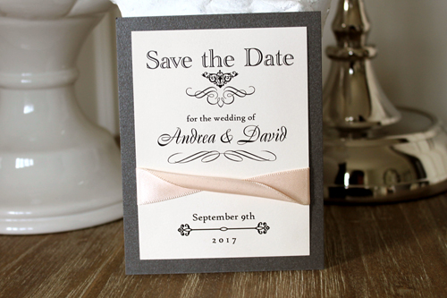 Invitation SavetheDate16: Charcoal Pearl, Blush Ribbon - This is a layered save the date design using the charcoal pearl paper.  There is a twisted blush ribbon.