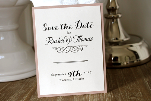 Invitation SavetheDate18: Blush Pearl - This is a layered save the date invite.  The backing is a blush pearl paper and a printed white card.