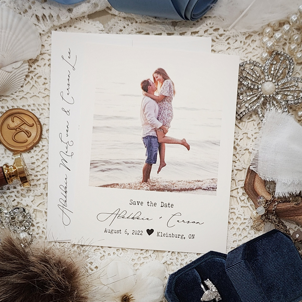 Invitation 8300:  - Ice pearl photo save the date quarter page size