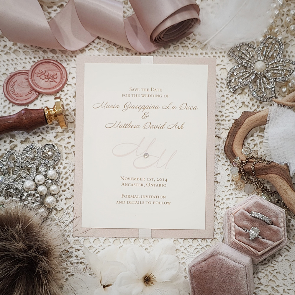 Invitation 8301:  - layered save the date with antique ribbon and rhinestone blush pearl