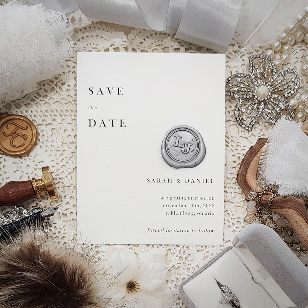 Invitation 8303:  - matte white paper save the date with silver wax seal
