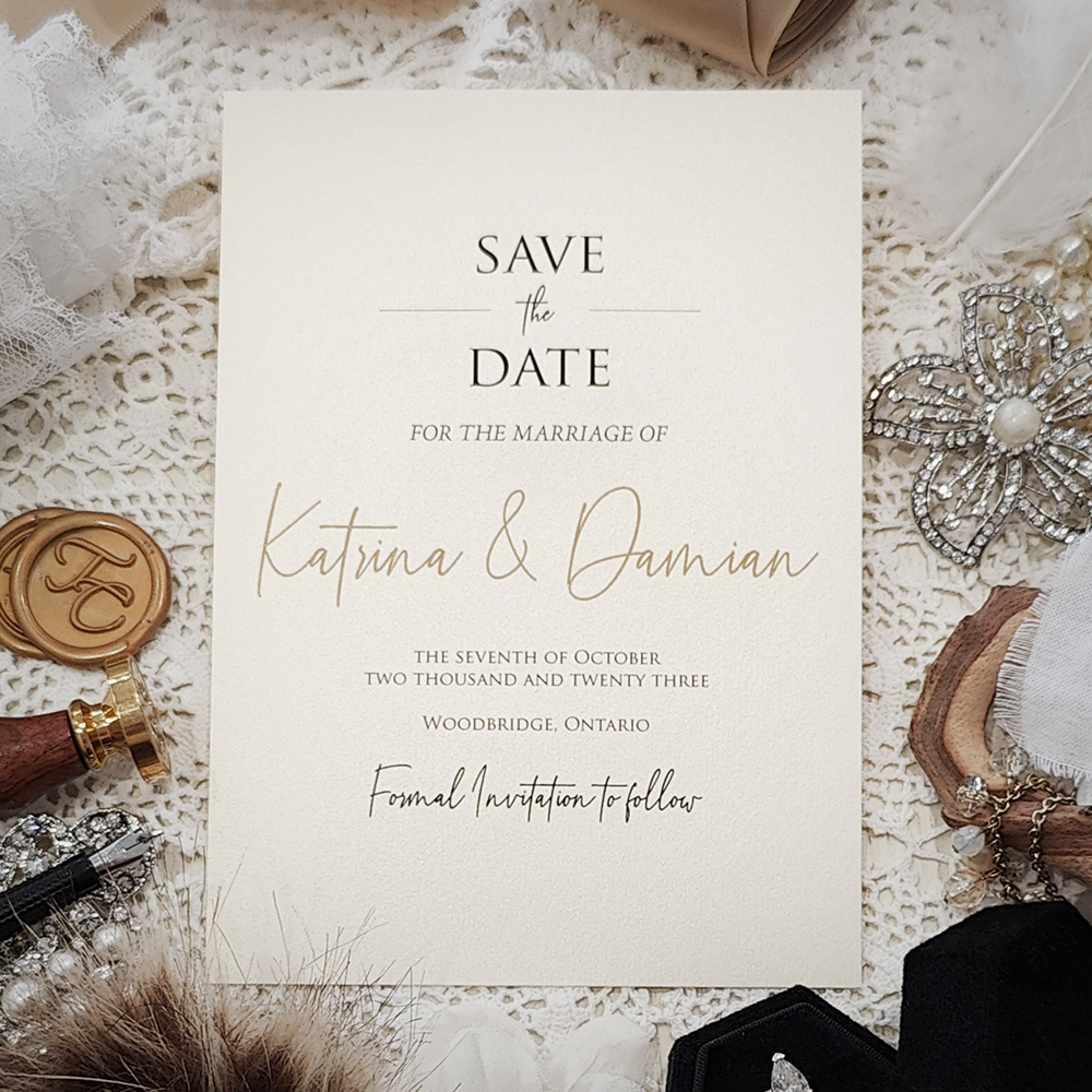 Invitation 8305:  - Save the date on white gold modern style