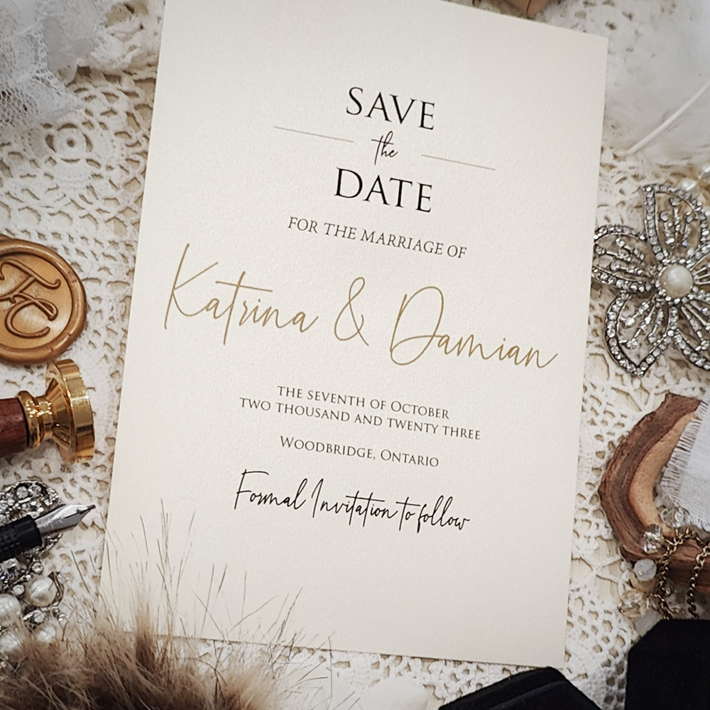 Invitation 8305:  - Save the date on white gold modern style