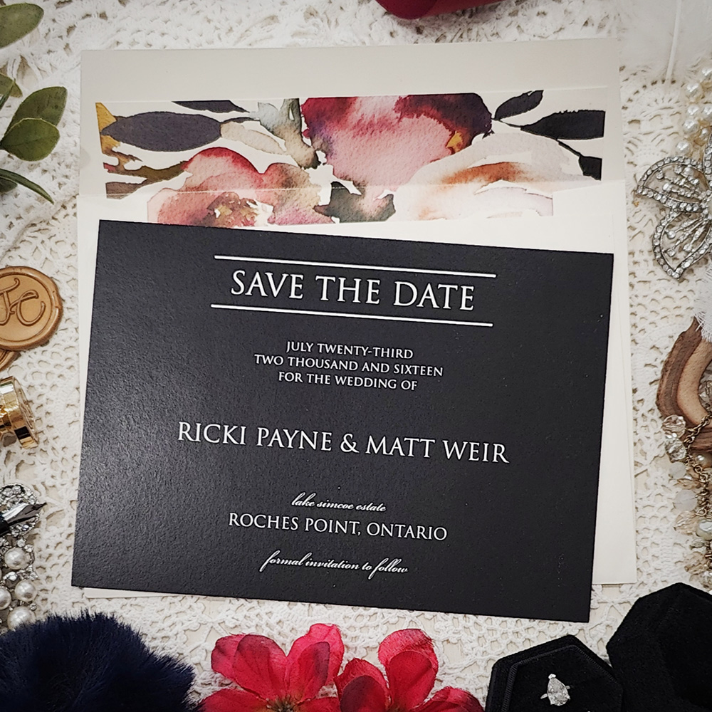 Invitation 8306:  - full color print black save the date with white print