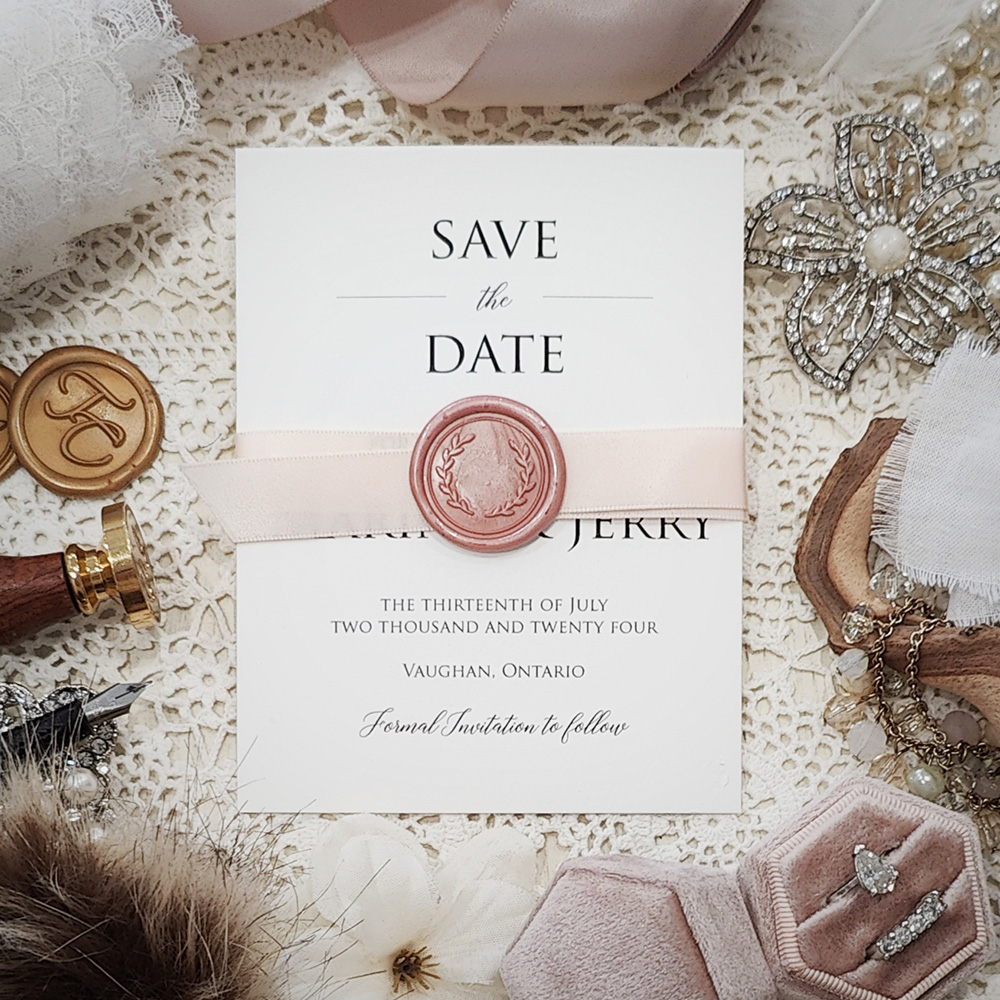 Invitation 8314:  - save the date on white gold with blush ribbon and blush wax seal