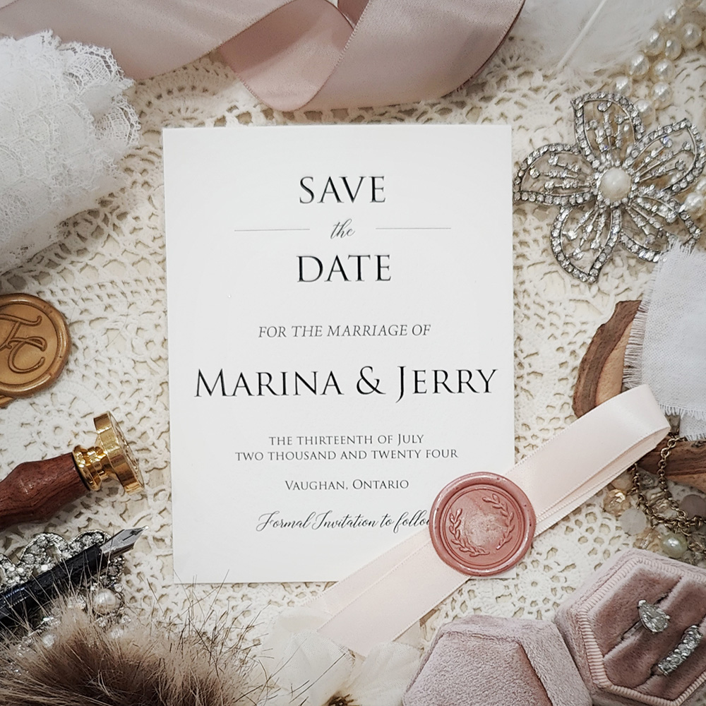 Invitation 8314:  - save the date on white gold with blush ribbon and blush wax seal