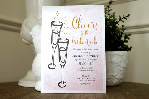Invitation S27: White Gold - This is a champagne theme bridal shower invite. 2 flute glasses.