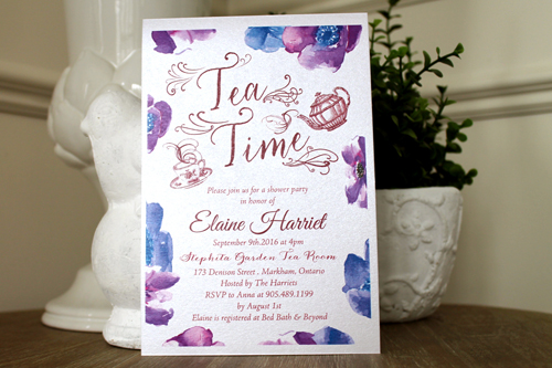 Invitation S28: Ice Pearl - This is a high tea themed bridal shower invite. There is a teapot along with a floral design border.