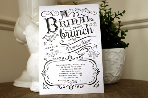 Invitation S29: Ice Pearl - This is a bridal brunch themed bridal shower invite. The words bridal brunch are in a large font size at the top.