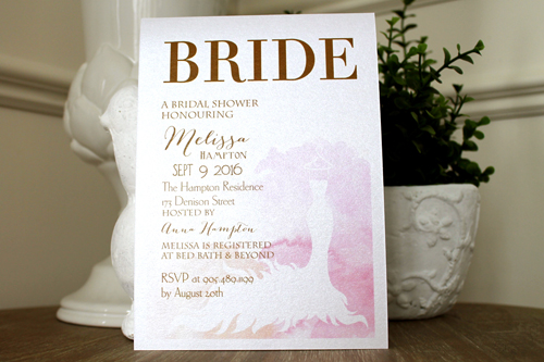 Invitation S32: White Gold - This a bridal shower invite with a water color haze design print.