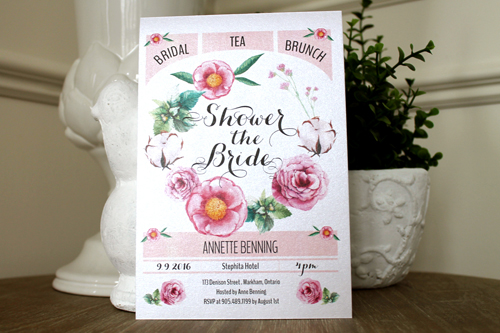 Invitation S33: Antique Pearl - This is a bridal shower invite with a floral wreath design in the centre of the card.