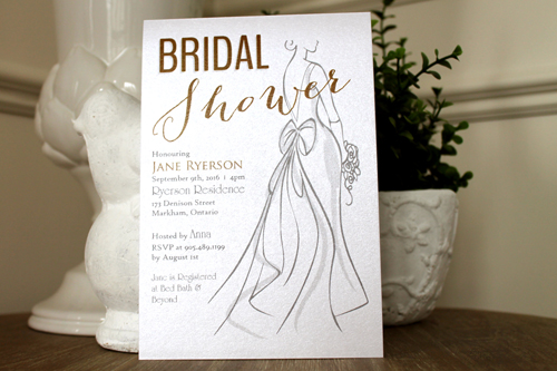 Invitation S34: Antique Pearl - This is a bridal shower invite with a long flowing bridal dress. The title is enlarged to give more emphasis.