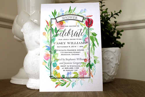 Invitation S39: Antique Pearl - This is a floral frame bridal shower invite. Greenery and florals are surrounding the frame.