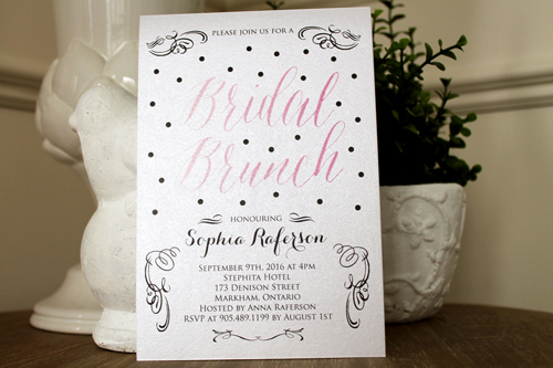 Invitation S41: Antique Pearl - This is a bridal shower invitation with black polka dot designs on the layout.