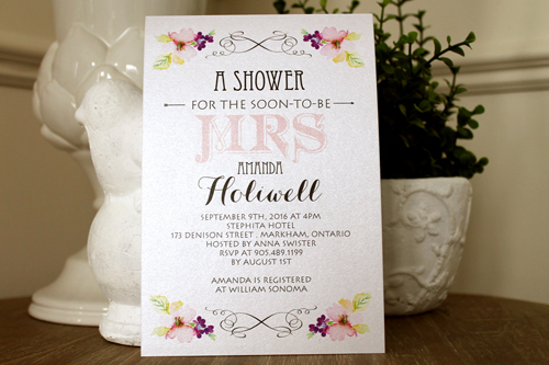 Invitation S42: Ice Pearl - This is a bridal shower invite with a floral header and footer design.  The MRS. is used as a design element on the center.