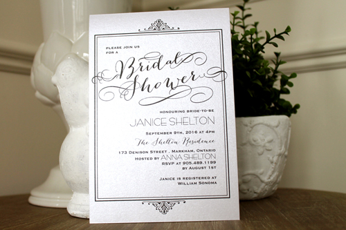 Invitation S46: Ice Pearl - This is a bridal shower invite with an elegant black frame border design.  There is a damask design used at the top and bottom.