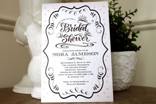 Invitation S47:  - This is a bridal shower invite with a whimsical shaped design border around the wording.  There are some swirl design graphics used along the border.