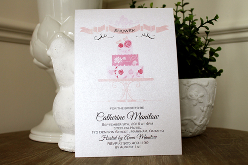 Invitation S48: Ice Pearl - This is a bridal shower design with a cake a floral design.  There is a banner design at the top.  The cake is pink.
