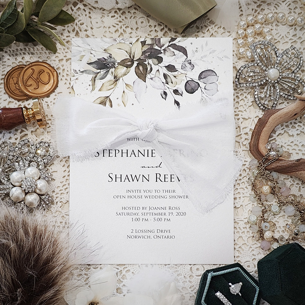 Invitation 3002: Ice Pearl, White Ribbon - Single card design with a floral print and a torn white knot tied around.