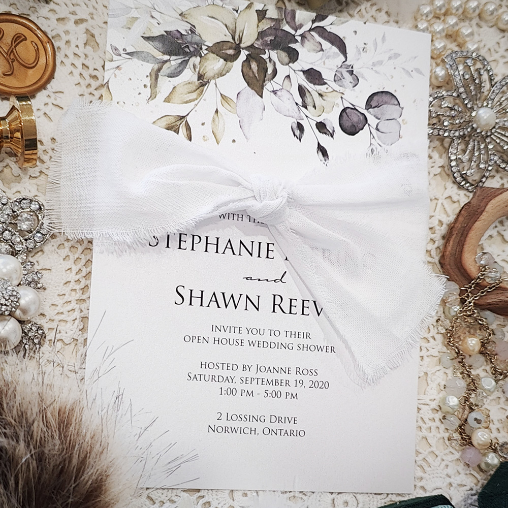 Invitation 3002: Ice Pearl, White Ribbon - Single card design with a floral print and a torn white knot tied around.