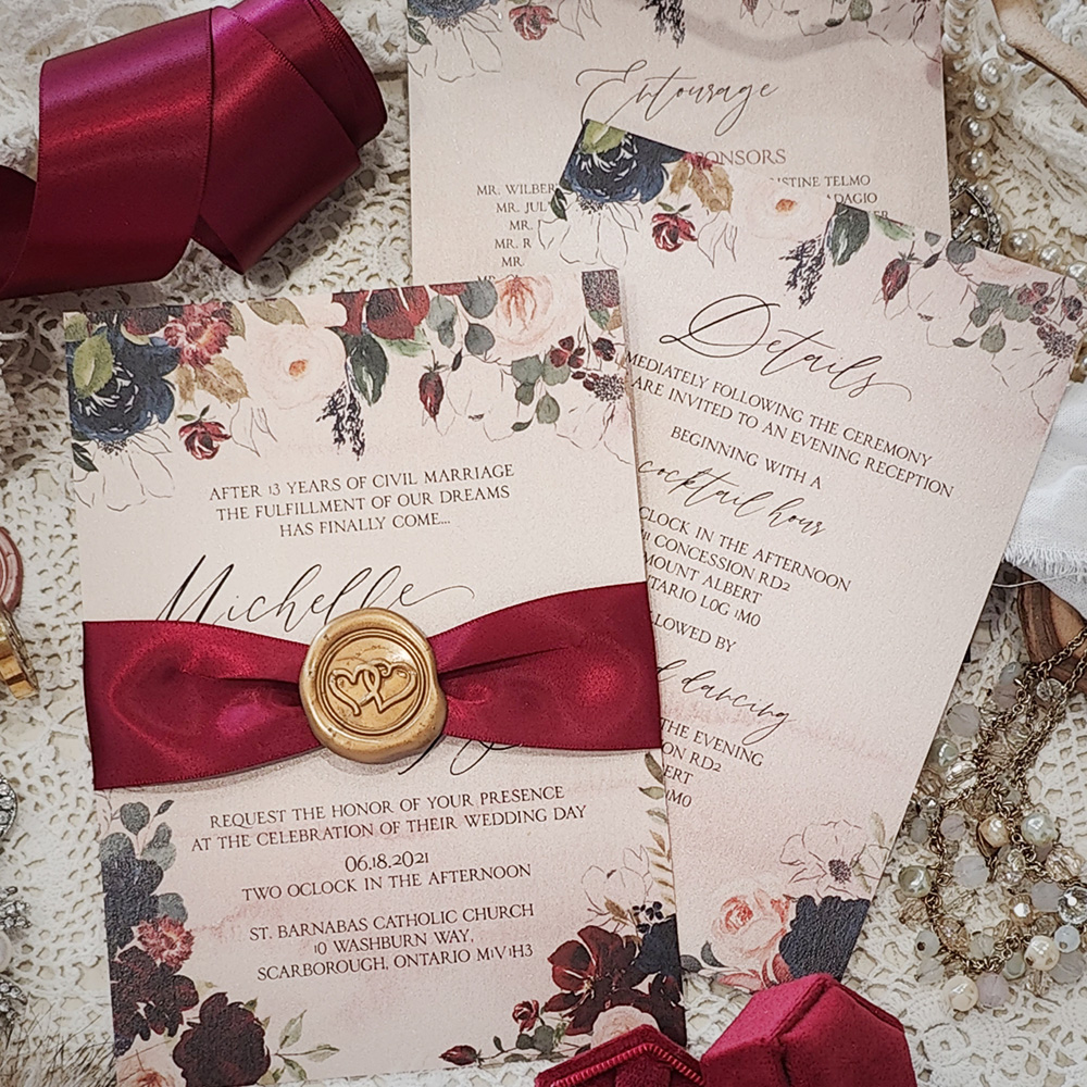 Invitation 3003: Blush Pearl, Gold Wax, Sherry Ribbon - Single card floral printed design with a sherry ribbon and gold wax seal.