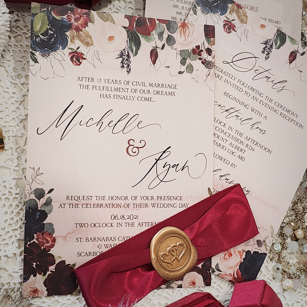 Invitation 3003: Blush Pearl, Gold Wax, Sherry Ribbon - Single card floral printed design with a sherry ribbon and gold wax seal.