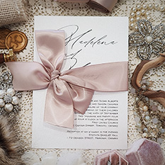Invitation 3006: Ice Pearl, Deep Blush Ribbon - Modern single card layout design with a large 1.5 inch bow tied around.