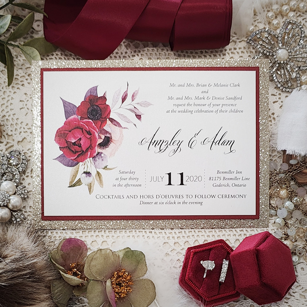 Invitation 3007: Ice Pearl, Red Lacquer - Double layered single card invitation with a floral print, red middle layer and glitter backing.