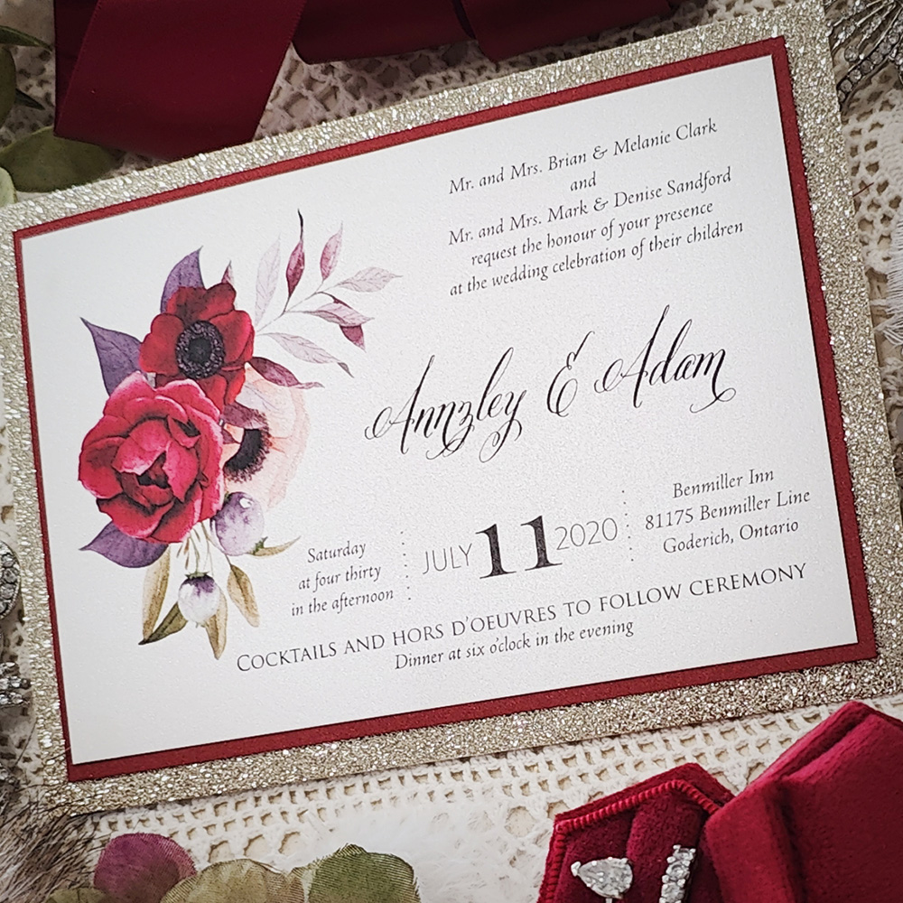 Invitation 3007: Ice Pearl, Red Lacquer - Double layered single card invitation with a floral print, red middle layer and glitter backing.