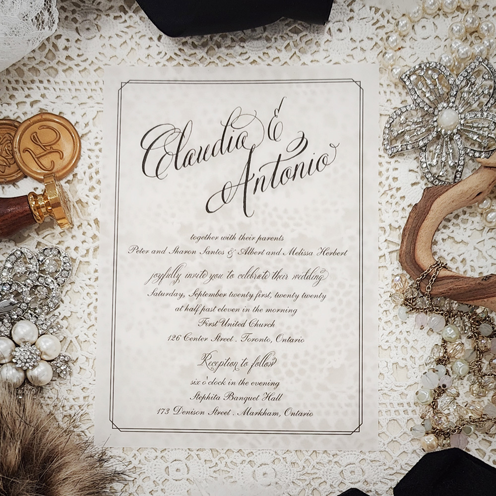 Invitation 3008: Vellum - Vellum printed invitation with a double line border.