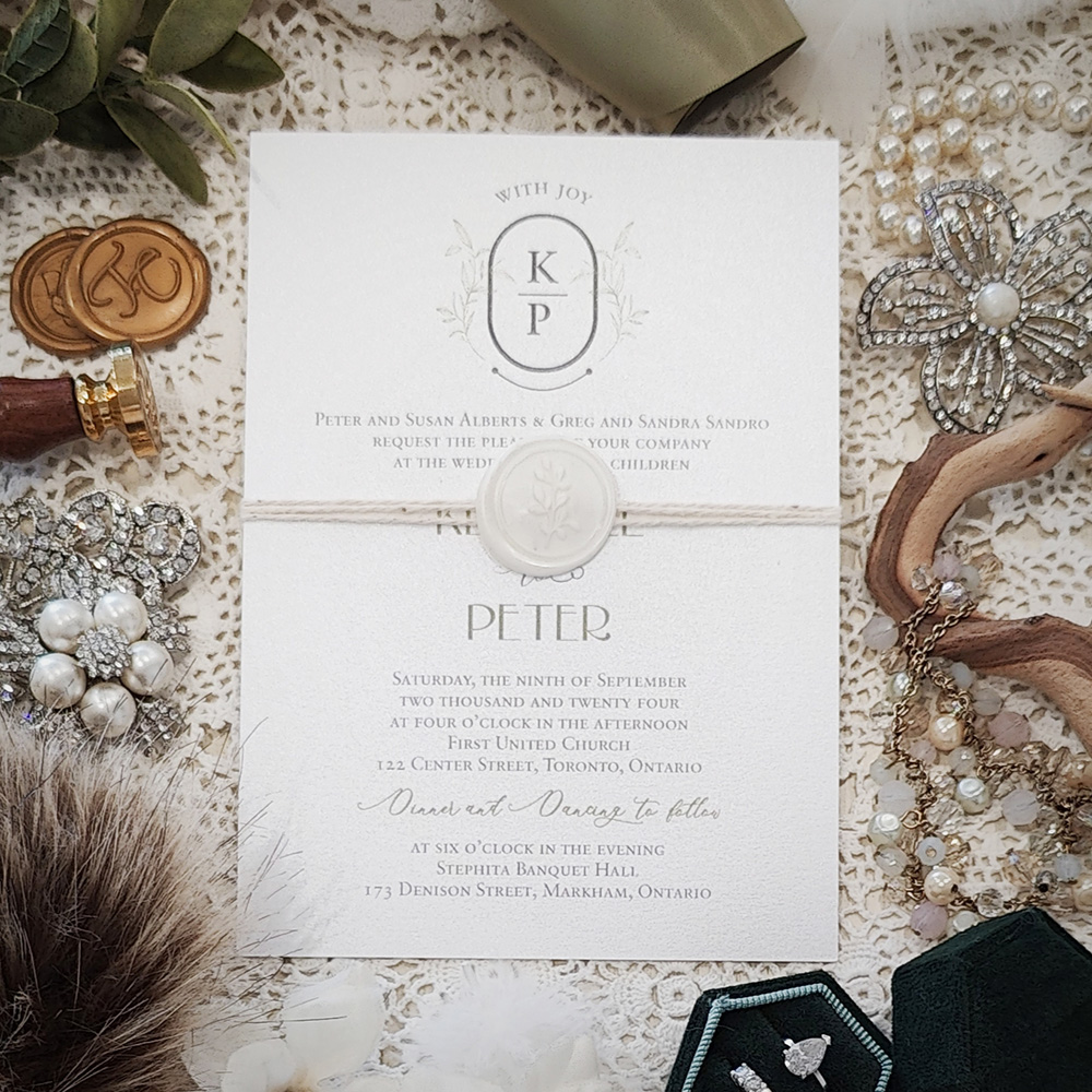 Invitation 3010: White Gold, Ivory Wax, String Ribbon - Single card wedding invite with a white string and ivory branch wax seal.