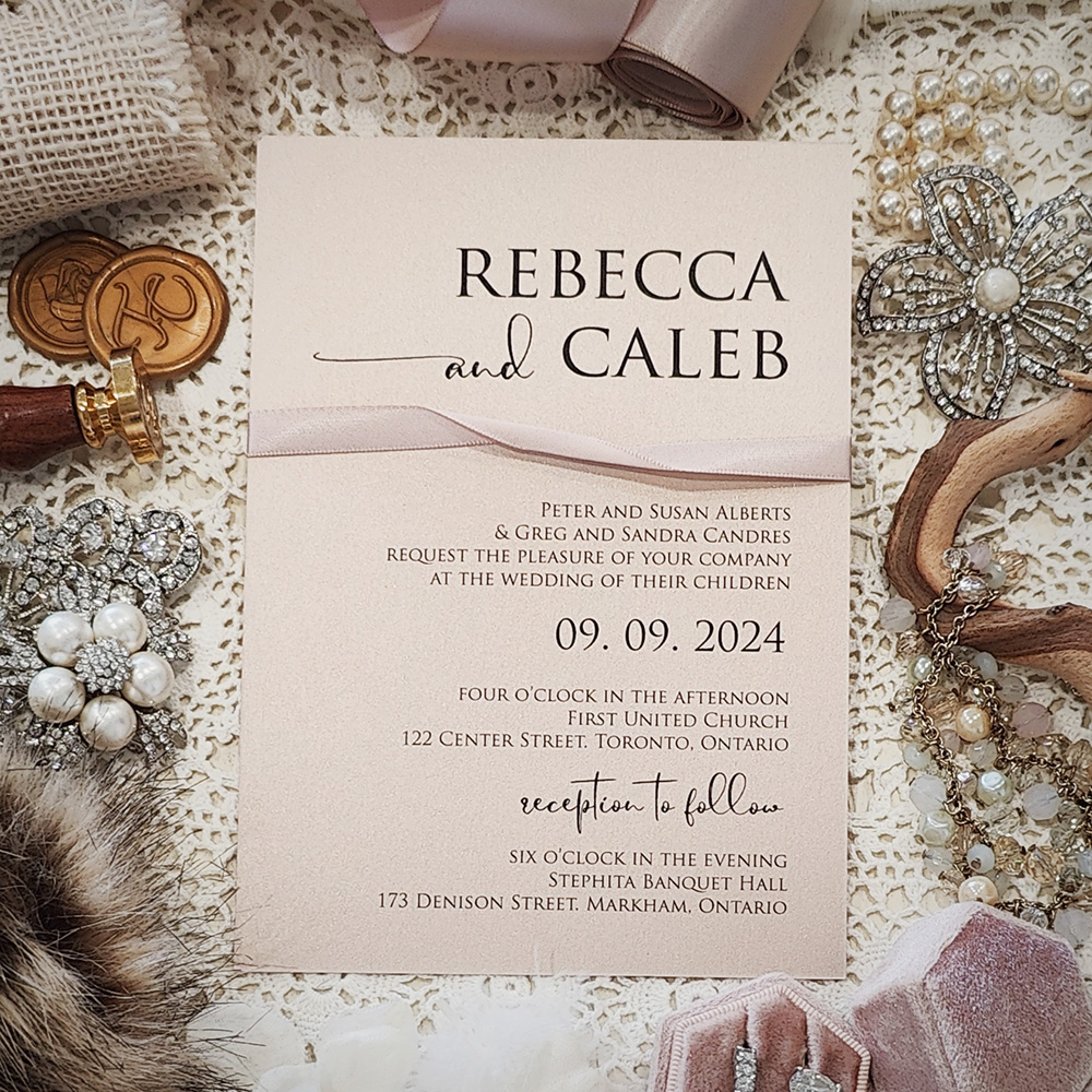 Invitation 3011: Blush Pearl, Blush Ribbon - Single card wedding invite with a blush ribbon twist.  Modern layout design.