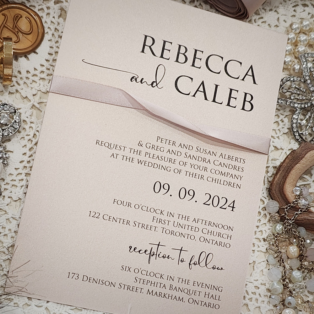 Invitation 3011: Blush Pearl, Blush Ribbon - Single card wedding invite with a blush ribbon twist.  Modern layout design.
