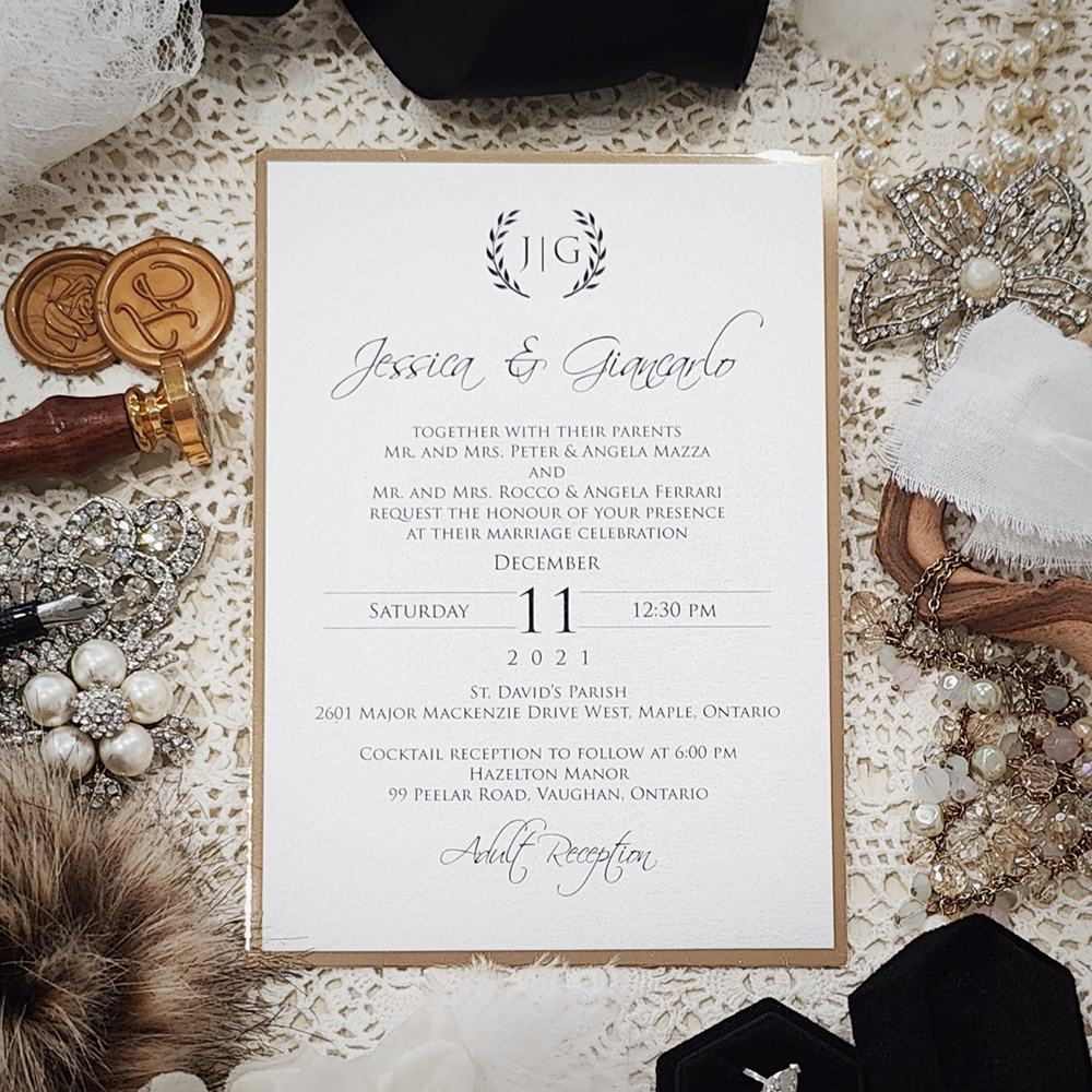 Invitation 3013: Ice Pearl, Gold Mirror - Layered wedding invite printed on a white paper with a gold mirror backing.