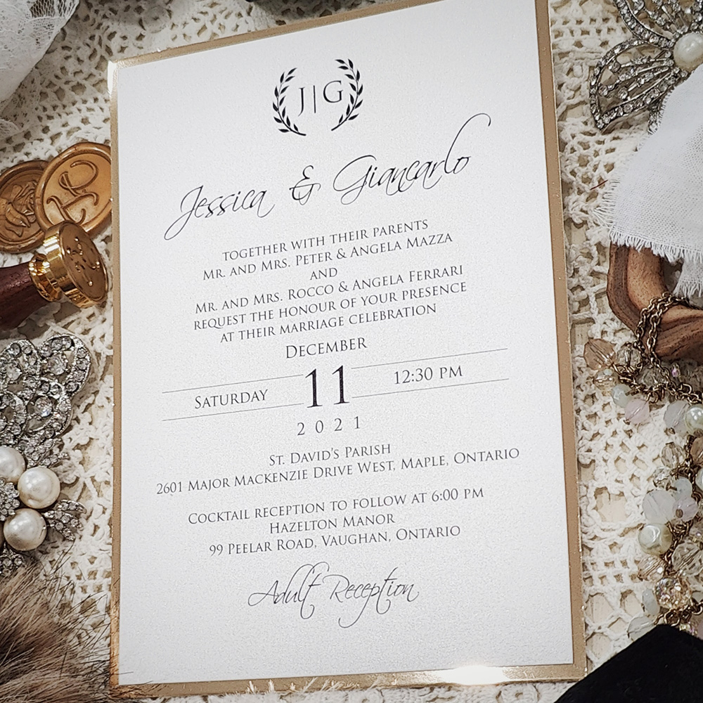 Invitation 3013: Ice Pearl, Gold Mirror - Layered wedding invite printed on a white paper with a gold mirror backing.