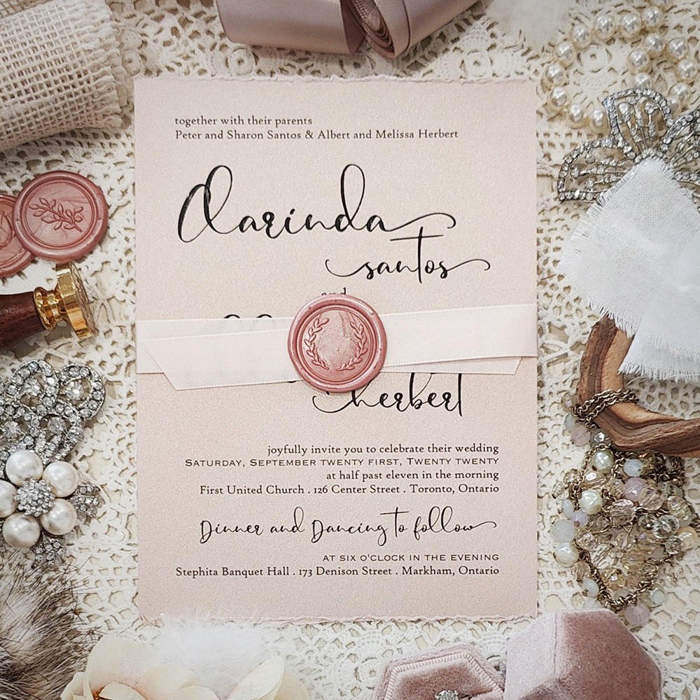 Invitation 3016: Blush Pearl, Blush Wax, Blush Ribbon - Single card design wedding invite with a 5/8 blush ribbon and blush wreath wax seal.