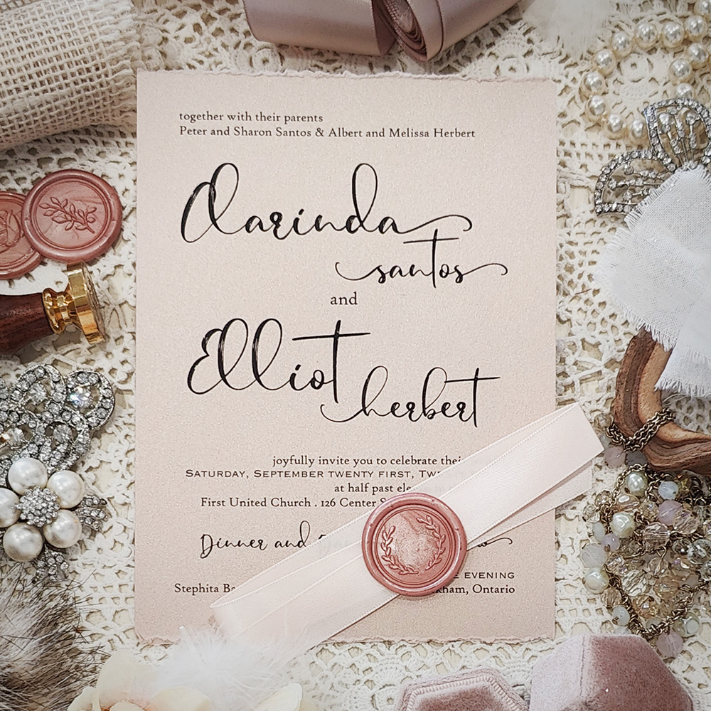 Invitation 3016: Blush Pearl, Blush Wax, Blush Ribbon - Single card design wedding invite with a 5/8 blush ribbon and blush wreath wax seal.