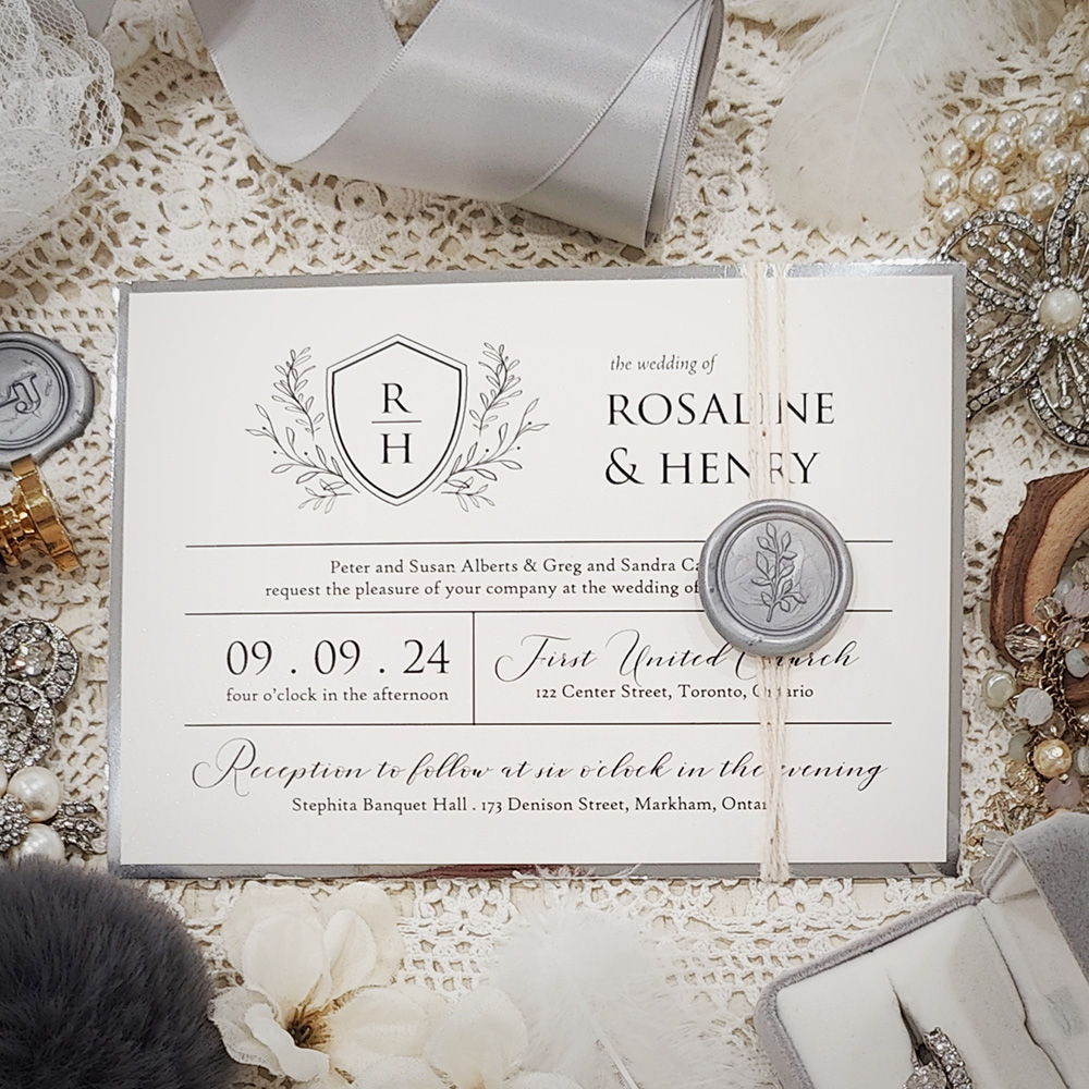 Invitation 3018: White Gold, Silver Mirror, Silver Wax, String Ribbon - Layered wedding invite printed on a white gold paper with a silver mirror backing.  There is a string wrapped around with a silver branch wax seal.