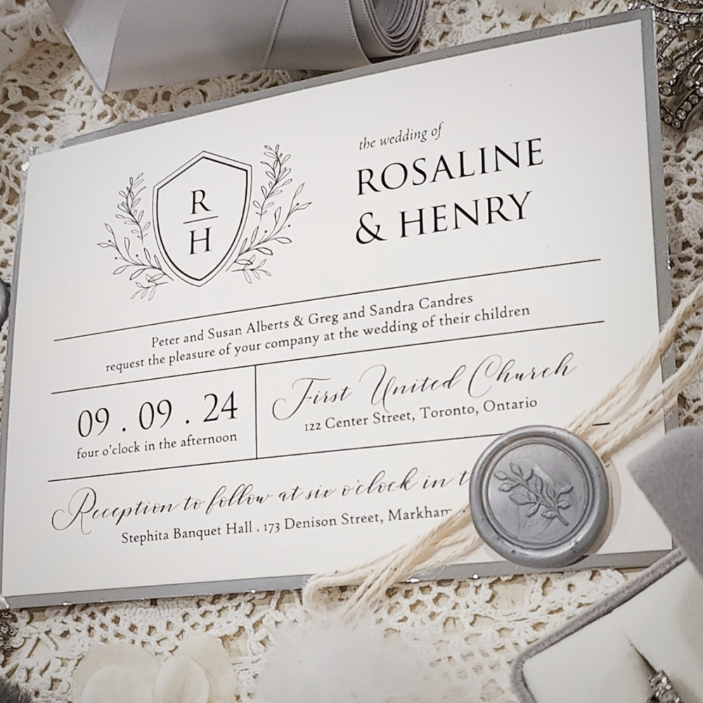Invitation 3018: White Gold, Silver Mirror, Silver Wax, String Ribbon - Layered wedding invite printed on a white gold paper with a silver mirror backing.  There is a string wrapped around with a silver branch wax seal.