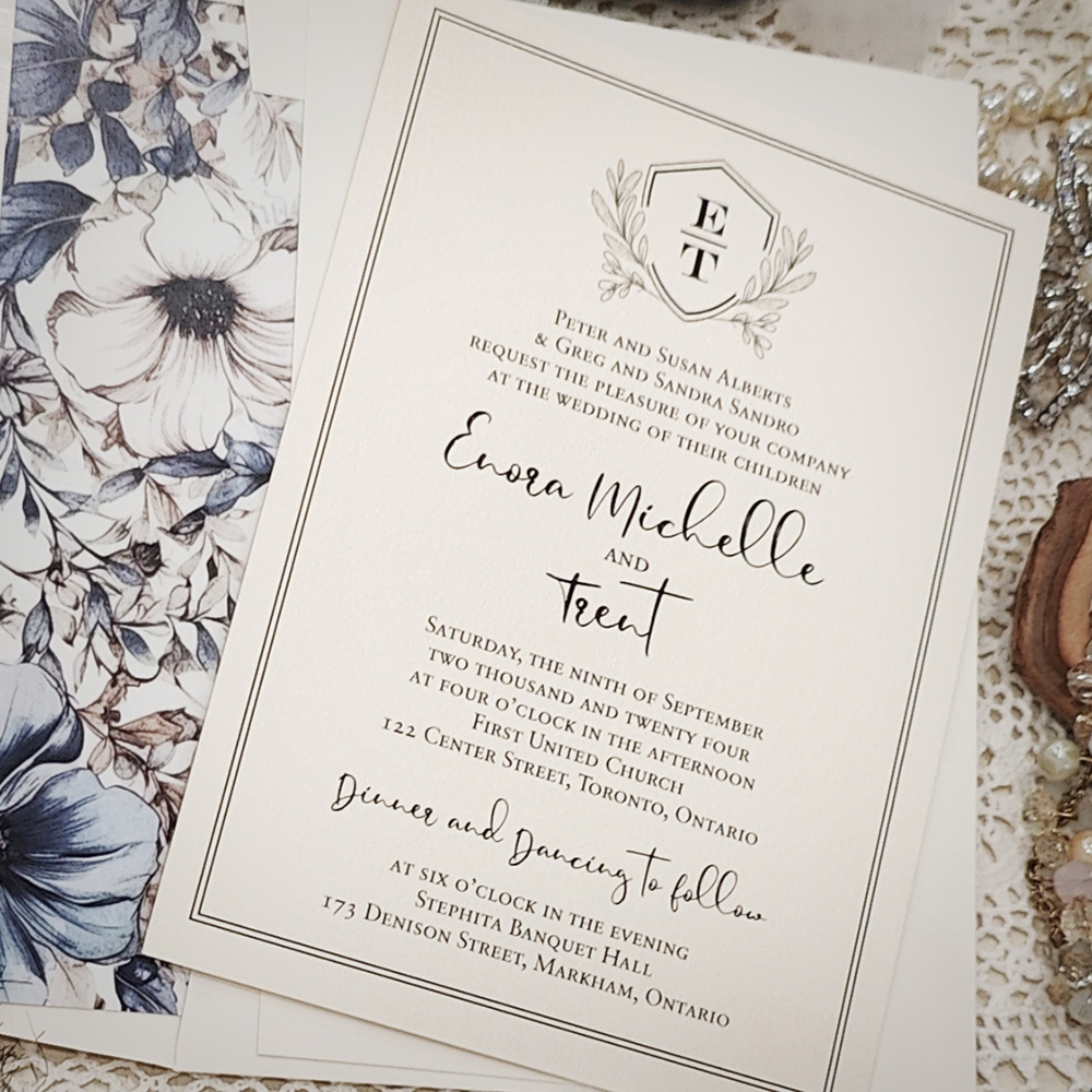 Invitation 3020: White Gold - Single card wedding invitation with a monogram at the top.
