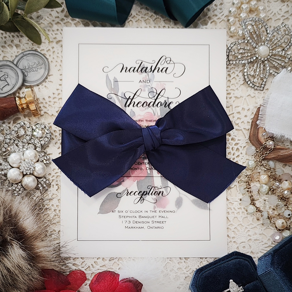 Invitation 3021: Ice Pearl, Navy Ribbon - Single card invite with a vellum overlay and large navy ribbon bow.