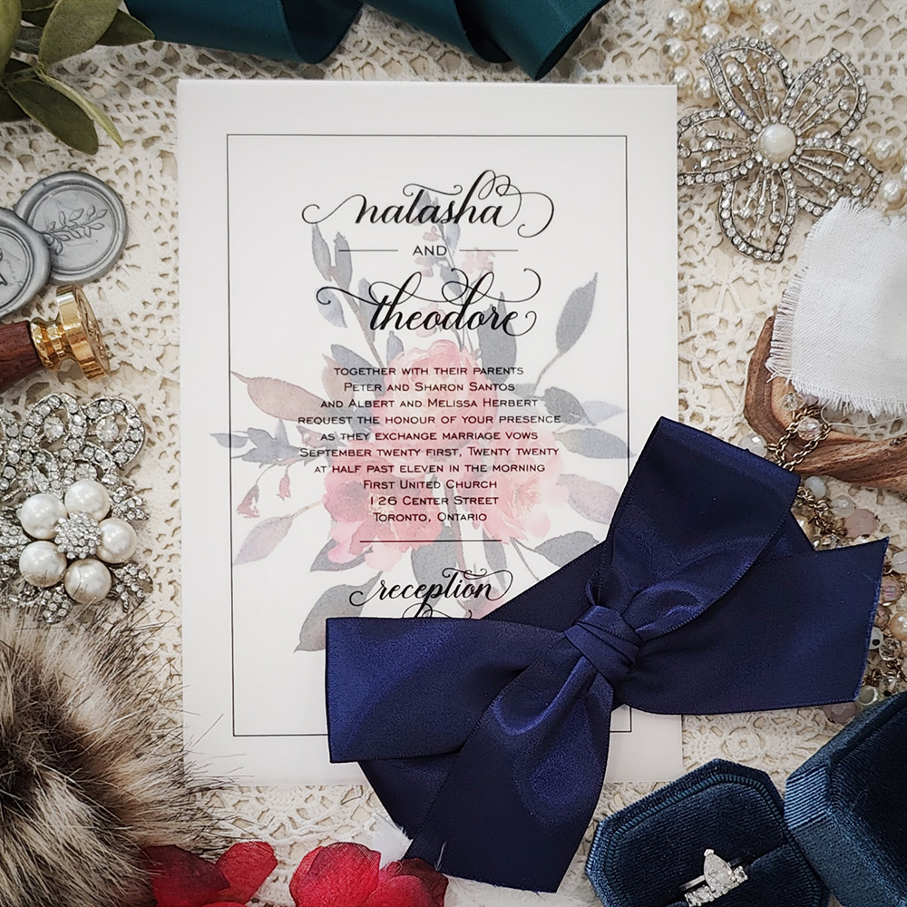 Invitation 3021: Ice Pearl, Navy Ribbon - Single card invite with a vellum overlay and large navy ribbon bow.