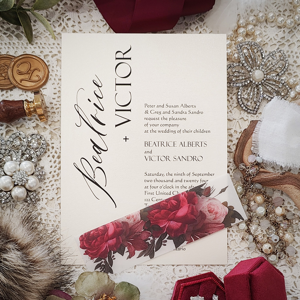 Invitation 3023: White Gold - Single card wedding invite with a modern layout.  Printed floral vellum belly band wrapped around.