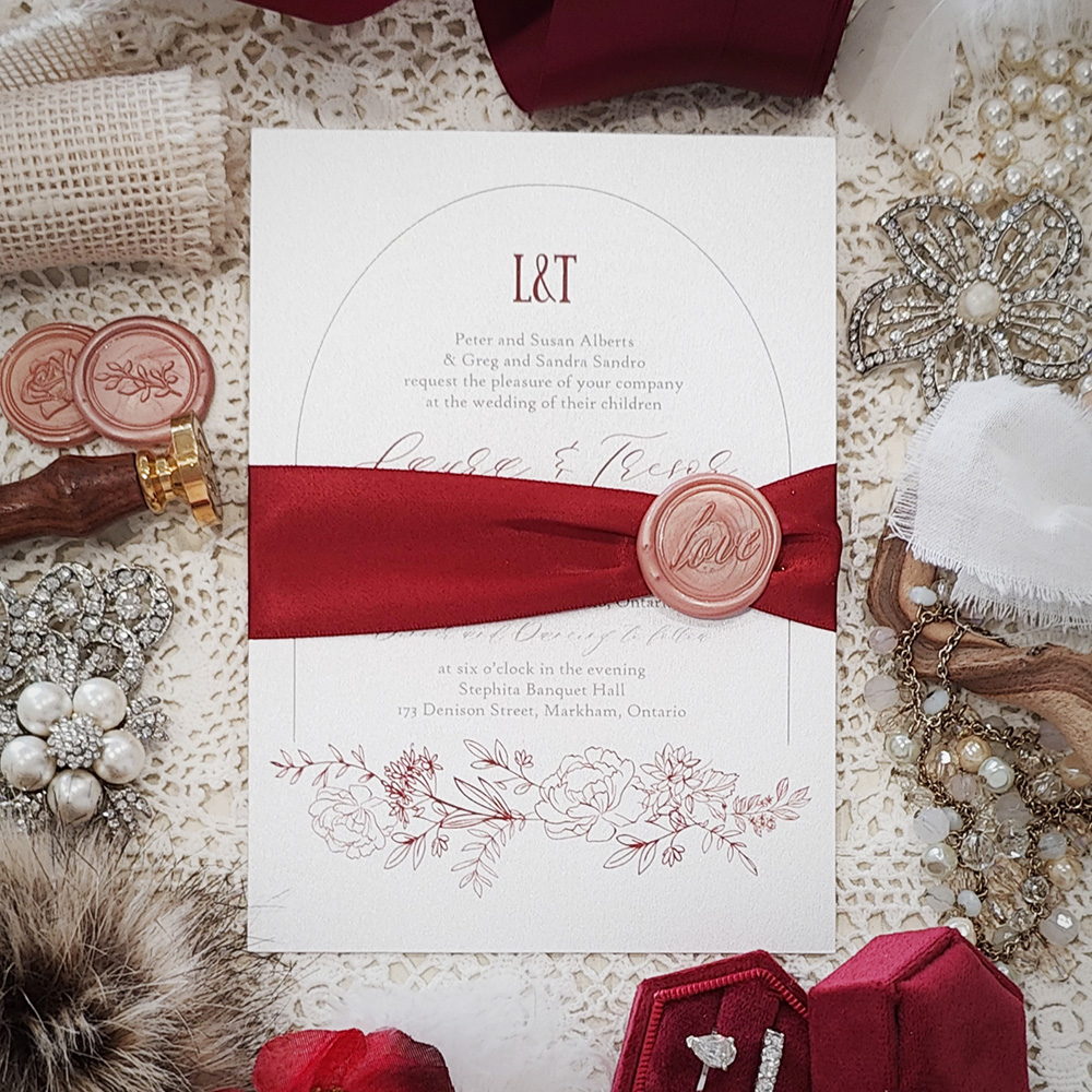 Invitation 3024: Ice Pearl, Blush Wax, Sherry Ribbon - Single card wedding invite with a sherry red ribbon and blush wax seal.