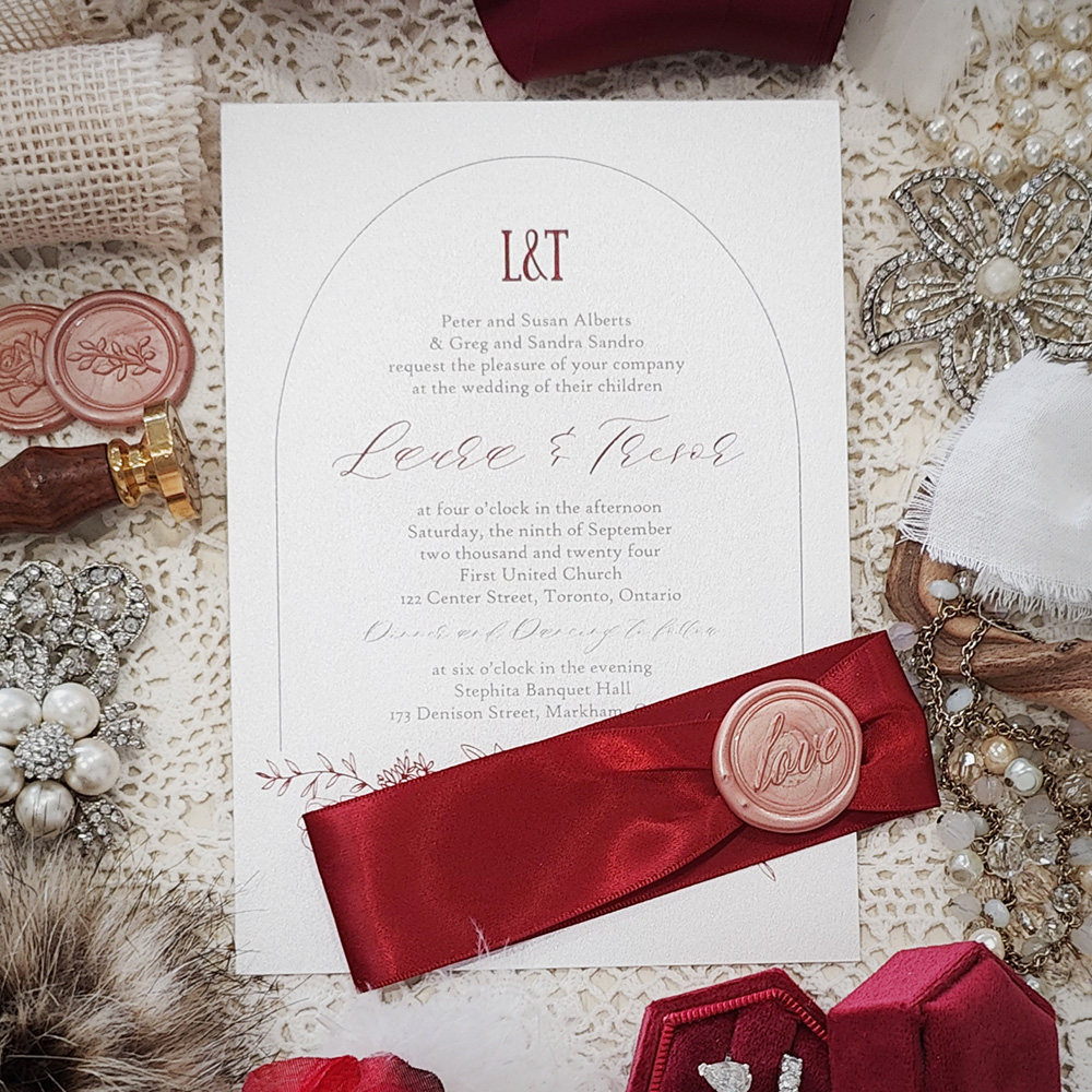Invitation 3024: Ice Pearl, Blush Wax, Sherry Ribbon - Single card wedding invite with a sherry red ribbon and blush wax seal.